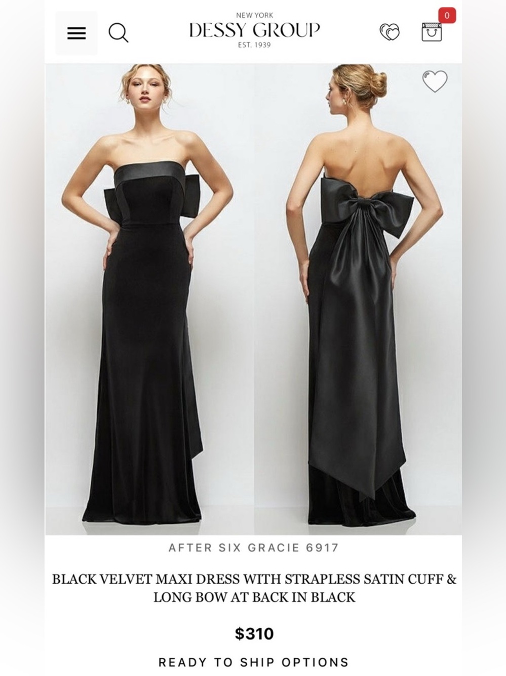 After Six Black Strapless Velvet Gown with Satin Back Bow